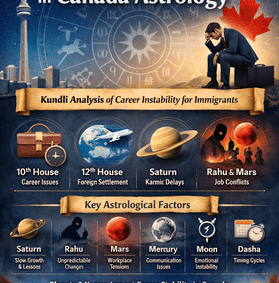 Job problems in Canada astrology chart showing 10th house, Saturn, Rahu and career instability factors in kundli