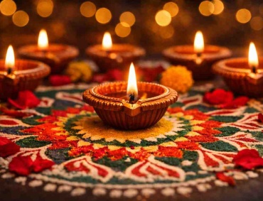 Traditional clay diyas glowing on an intricate rangoli, symbolizing the meaning and historical significance of the Festival of Lights