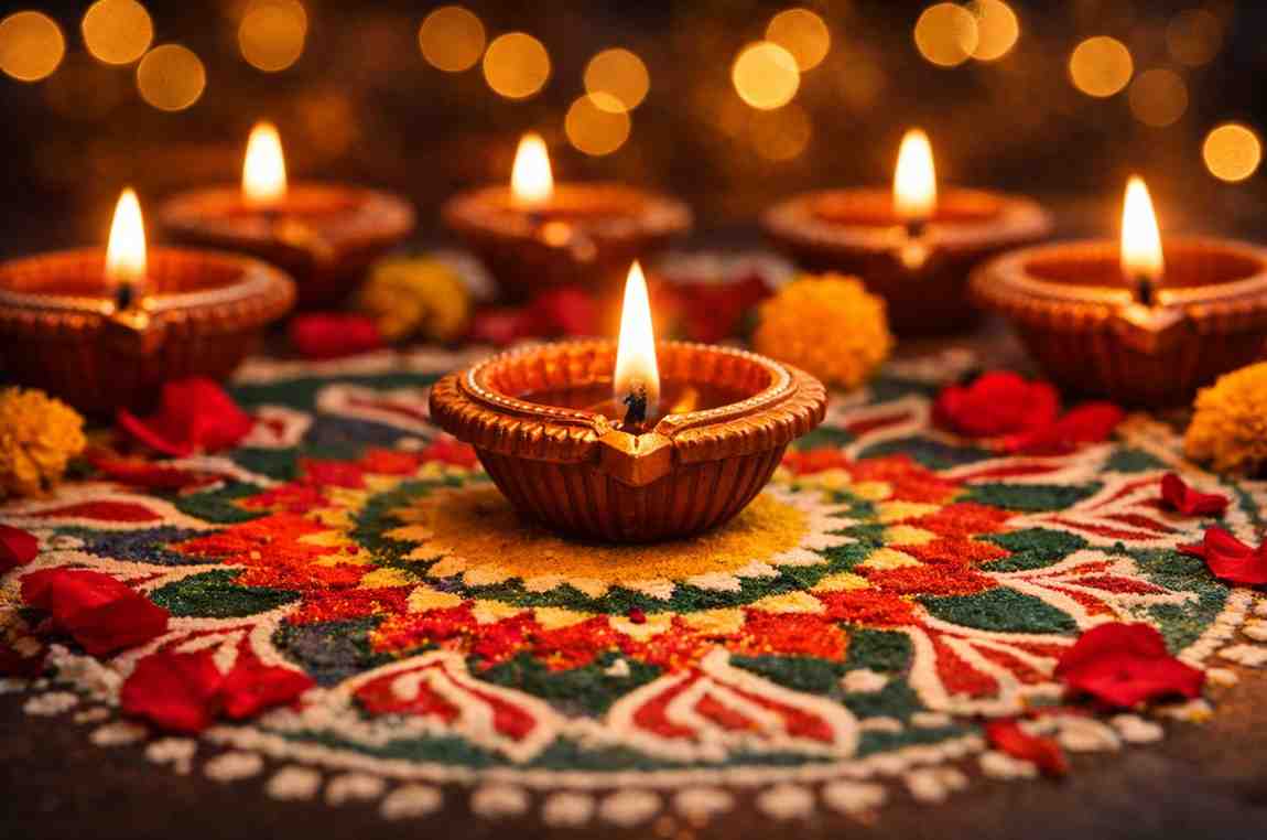 Traditional clay diyas glowing on an intricate rangoli, symbolizing the meaning and historical significance of the Festival of Lights