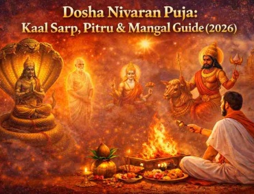 Dosha Nivaran Puja ritual showing Kaal Sarp serpent deity, ancestral Pitru spirits, Lord Mangal, and priest performing sacred havan for planetary remedies