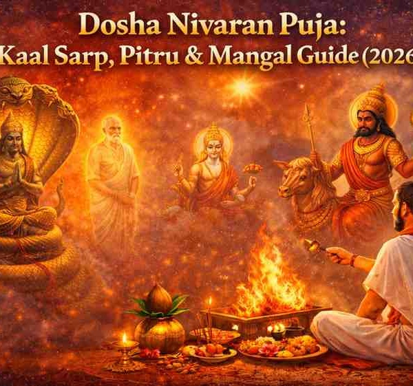 Dosha Nivaran Puja ritual showing Kaal Sarp serpent deity, ancestral Pitru spirits, Lord Mangal, and priest performing sacred havan for planetary remedies