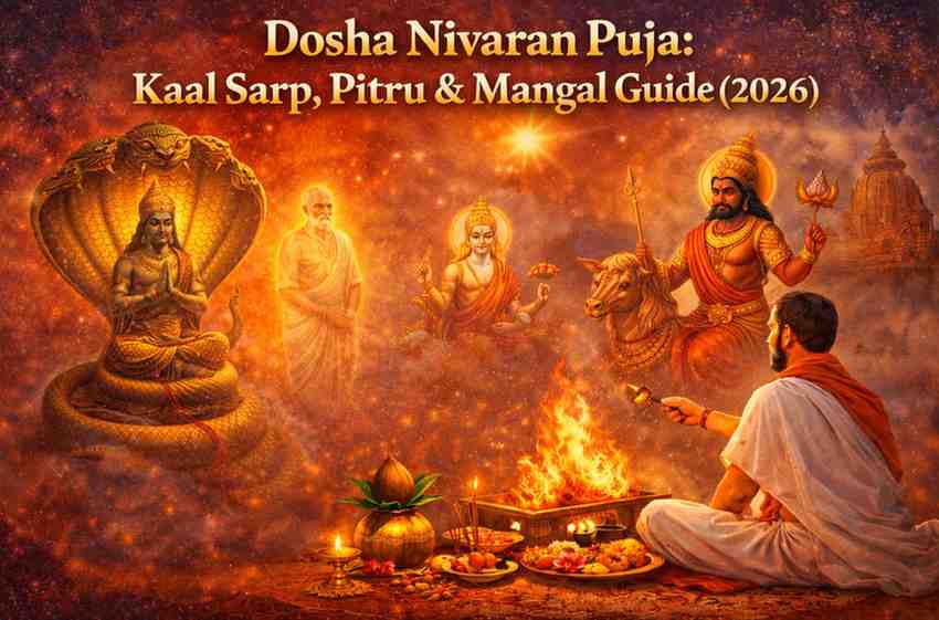 Dosha Nivaran Puja ritual showing Kaal Sarp serpent deity, ancestral Pitru spirits, Lord Mangal, and priest performing sacred havan for planetary remedies