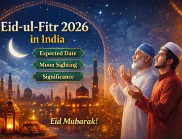 Eid-ul-Fitr 2026 in India banner showing crescent moon, mosque skyline, lantern, sweets, and two men praying under the night sky.