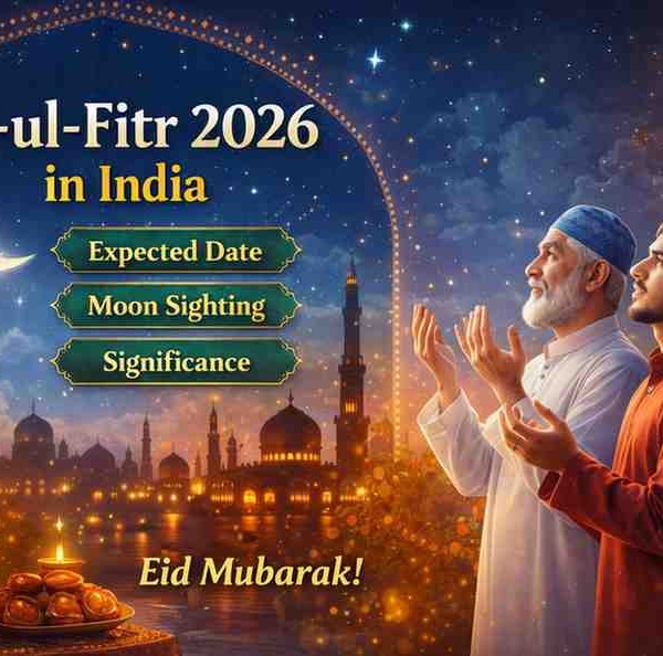 Eid-ul-Fitr 2026 in India banner showing crescent moon, mosque skyline, lantern, sweets, and two men praying under the night sky.