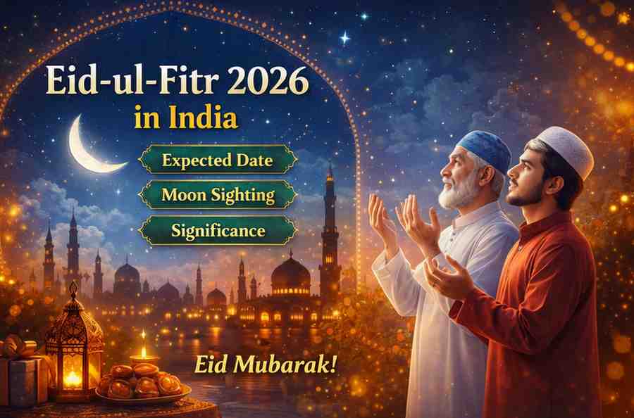 Eid-ul-Fitr 2026 in India banner showing crescent moon, mosque skyline, lantern, sweets, and two men praying under the night sky.