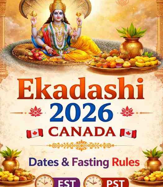 Ekadashi 2026 Canada dates and fasting rules with EST and PST timings featuring Lord Vishnu devotional artwork