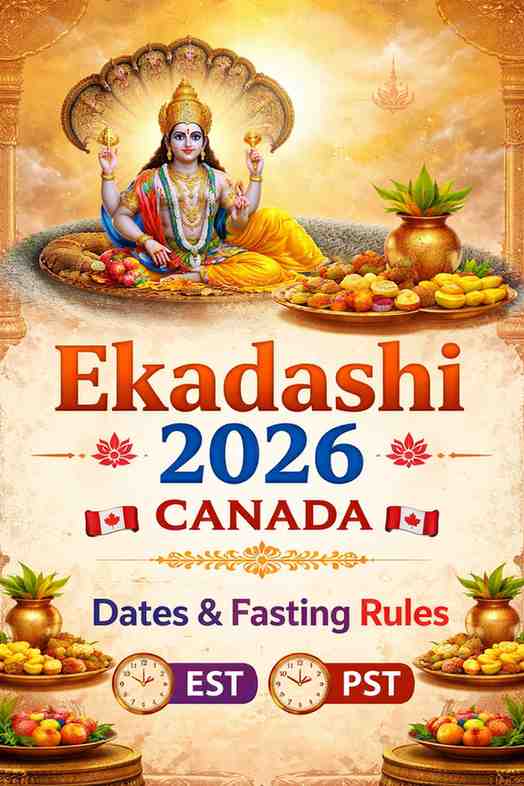 Ekadashi 2026 Canada dates and fasting rules with EST and PST timings featuring Lord Vishnu devotional artwork