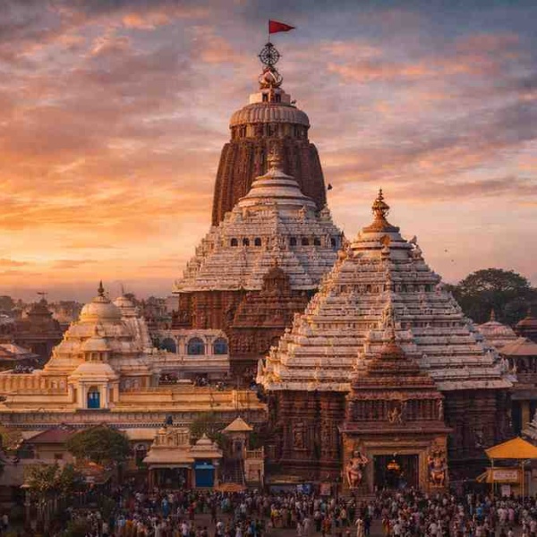 Jagannath Temple in Puri at sunset, showing the main shikhara with the Sudarshana Chakra and devotees gathered in the temple परिसर