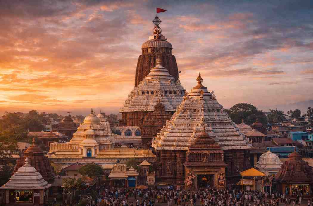 Jagannath Temple in Puri at sunset, showing the main shikhara with the Sudarshana Chakra and devotees gathered in the temple परिसर