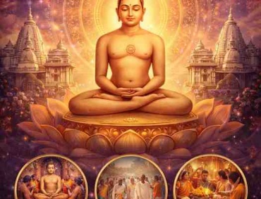 Mahavir Jayanti 2026 banner showing Lord Mahavir, Jain temples, and traditions like birth anniversary, non-violence, and rituals
