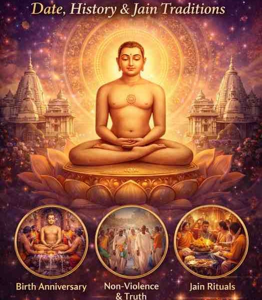 Mahavir Jayanti 2026 banner showing Lord Mahavir, Jain temples, and traditions like birth anniversary, non-violence, and rituals