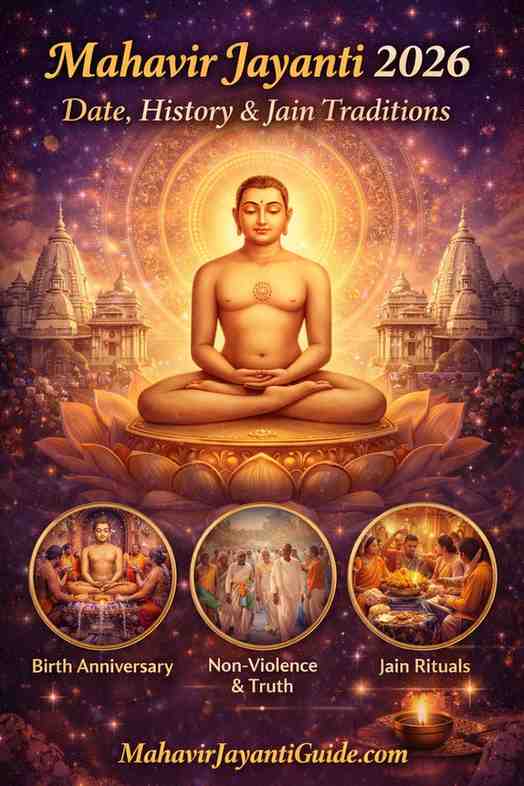 Mahavir Jayanti 2026 banner showing Lord Mahavir, Jain temples, and traditions like birth anniversary, non-violence, and rituals