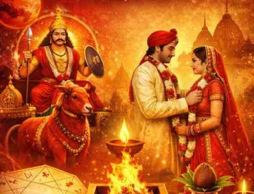 Mangal Dosh Puja ritual with Lord Mangal, wedding couple, sacred havan fire, and Mars symbolism for marriage remedies