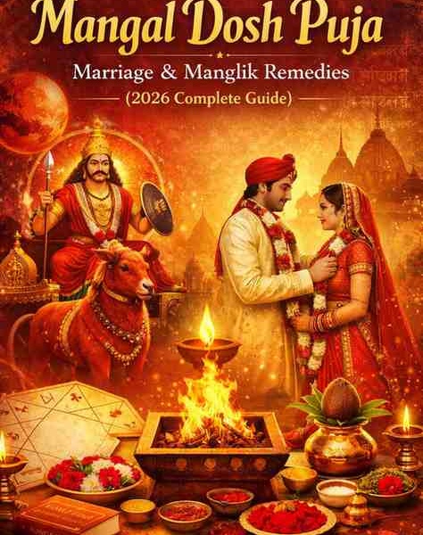 Mangal Dosh Puja ritual with Lord Mangal, wedding couple, sacred havan fire, and Mars symbolism for marriage remedies