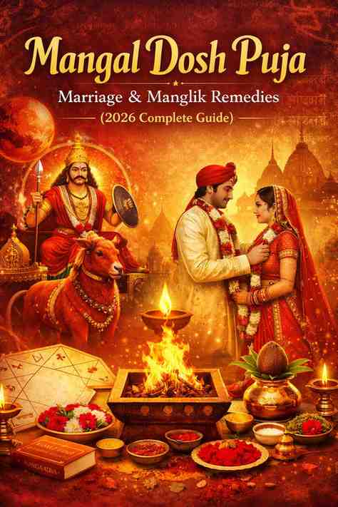 Mangal Dosh Puja ritual with Lord Mangal, wedding couple, sacred havan fire, and Mars symbolism for marriage remedies