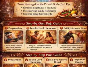 Nazar Dosha Puja complete evil eye removal guide infographic showing step-by-step ritual process, Hanuman invocation, lemon-chili remedies, and protection tips against drishti dosh