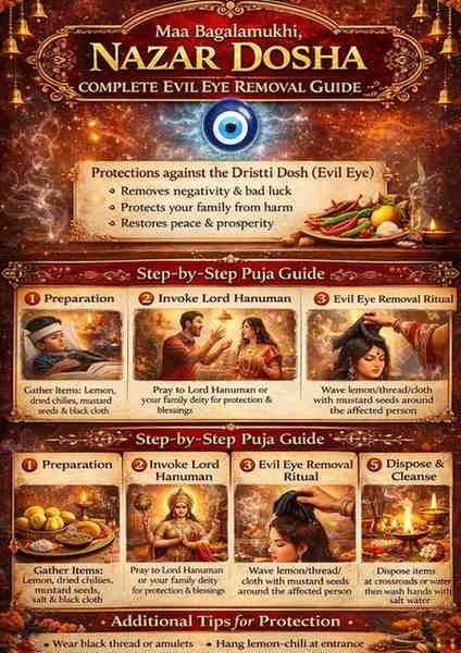Nazar Dosha Puja complete evil eye removal guide infographic showing step-by-step ritual process, Hanuman invocation, lemon-chili remedies, and protection tips against drishti dosh