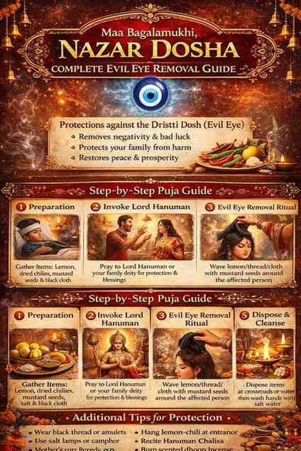 Nazar Dosha Puja complete evil eye removal guide infographic showing step-by-step ritual process, Hanuman invocation, lemon-chili remedies, and protection tips against drishti dosh
