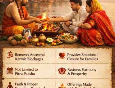 Narayan Bali Puja ritual being performed by a Hindu priest with a couple offering prayers near a sacred river for Pitru Dosha removal.