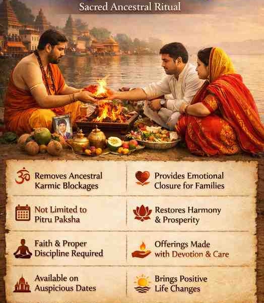 Narayan Bali Puja ritual being performed by a Hindu priest with a couple offering prayers near a sacred river for Pitru Dosha removal.