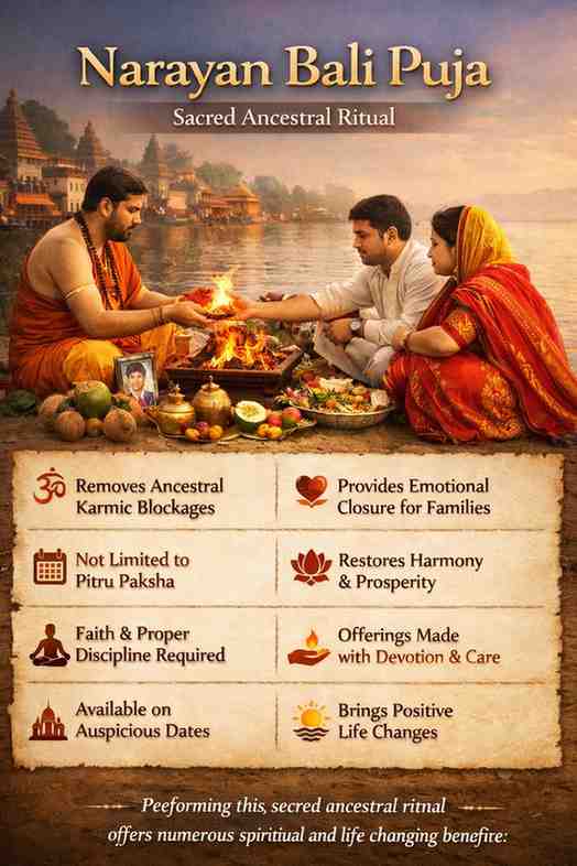 Narayan Bali Puja ritual being performed by a Hindu priest with a couple offering prayers near a sacred river for Pitru Dosha removal.