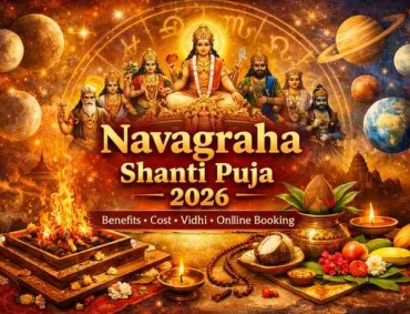 Navagraha Shanti Puja 2026 featuring nine planetary deities, havan kund, kalash, and ritual offerings