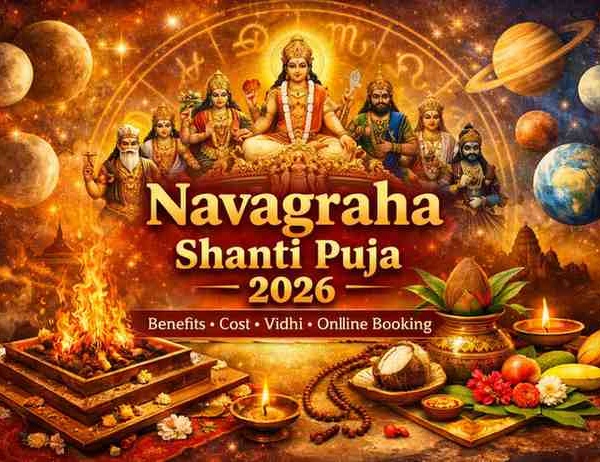 Navagraha Shanti Puja 2026 featuring nine planetary deities, havan kund, kalash, and ritual offerings