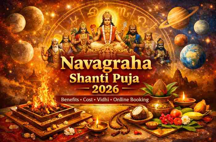 Navagraha Shanti Puja 2026 featuring nine planetary deities, havan kund, kalash, and ritual offerings