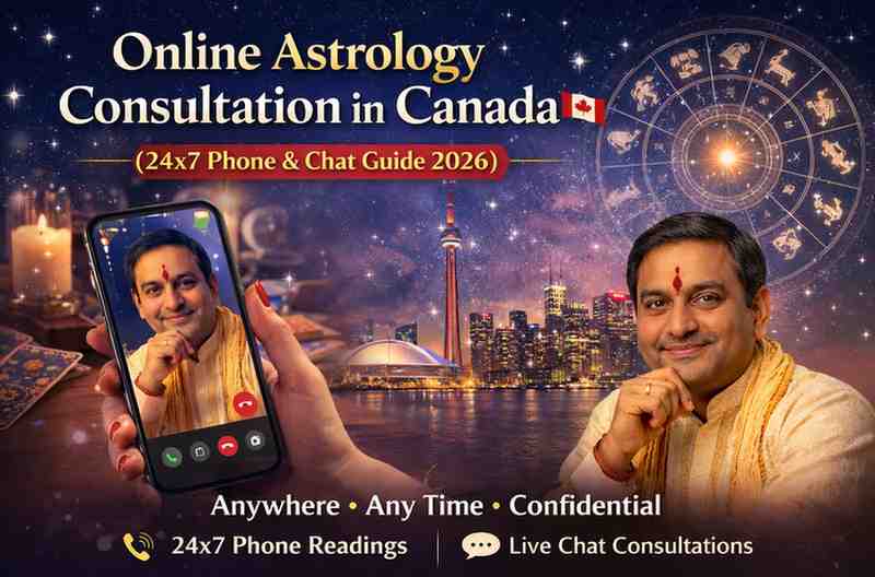 Online astrology Canada 24x7 phone and chat consultation banner with astrologer and Toronto skyline