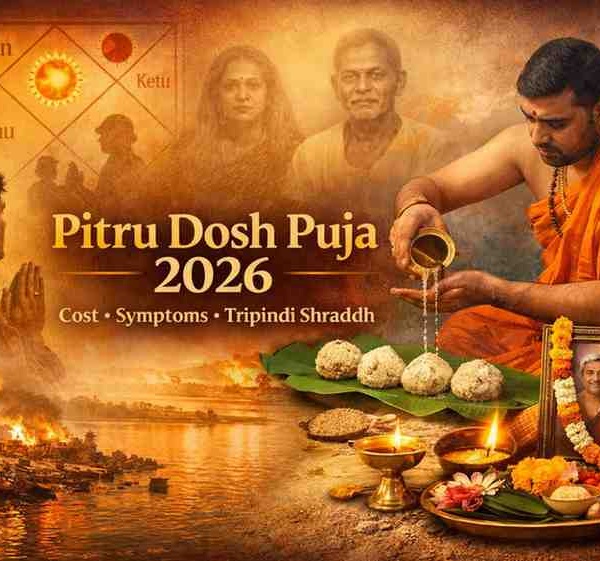 Pitru Dosh Puja 2026 ritual showing priest performing Tripindi Shraddh with pind daan, ancestral photos, diya, and astrological chart symbols representing Rahu, Ketu, and Sun