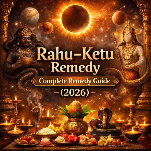 Rahu Ketu Shanti Puja 2026 featuring Rahu and Ketu deities, eclipse background, kalash, diyas, and ritual offerings