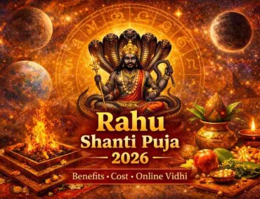Rahu Shanti Puja 2026 ritual with Rahu deity, havan kund, kalash, and planetary cosmic background