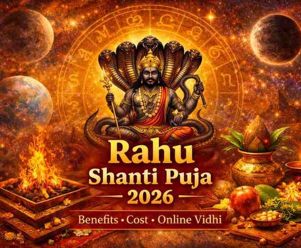 Rahu Shanti Puja 2026 ritual with Rahu deity, havan kund, kalash, and planetary cosmic background