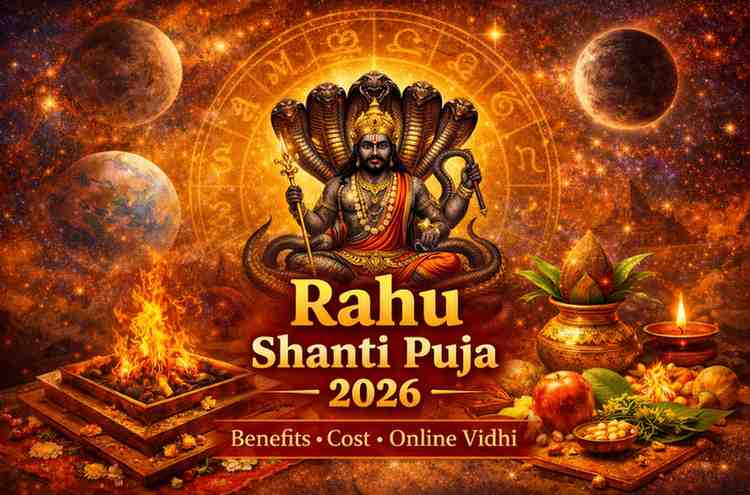 Rahu Shanti Puja 2026 ritual with Rahu deity, havan kund, kalash, and planetary cosmic background