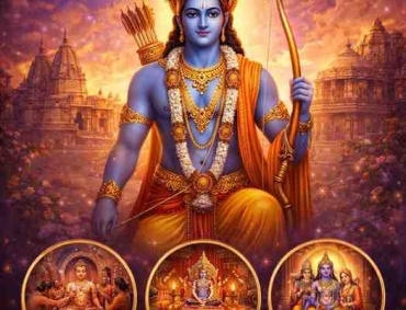 Rama Navami 2026 banner showing Lord Rama with temples, puja muhurat, birth celebration, and spiritual meaning