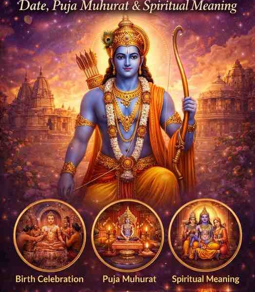 Rama Navami 2026 banner showing Lord Rama with temples, puja muhurat, birth celebration, and spiritual meaning