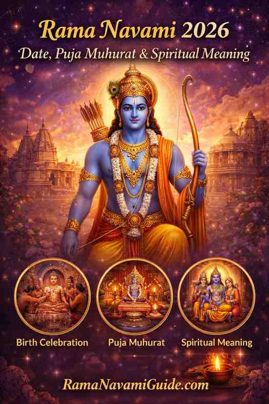 Rama Navami 2026 banner showing Lord Rama with temples, puja muhurat, birth celebration, and spiritual meaning