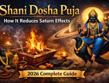 Shani Dosha Puja ritual with Lord Shani seated on crow, Saturn in cosmic background, and sacred havan fire ceremony with offerings
