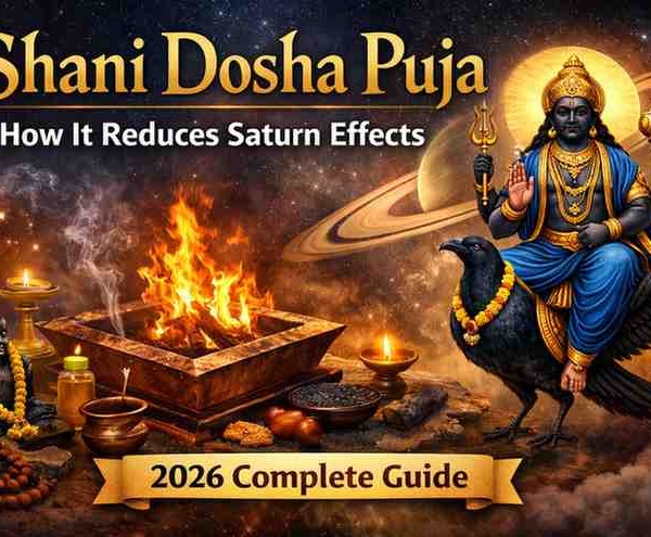 Shani Dosha Puja ritual with Lord Shani seated on crow, Saturn in cosmic background, and sacred havan fire ceremony with offerings