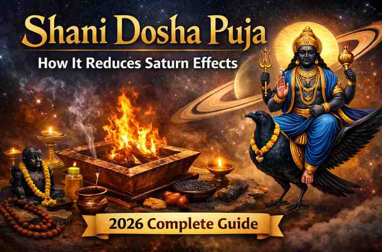 Shani Dosha Puja ritual with Lord Shani seated on crow, Saturn in cosmic background, and sacred havan fire ceremony with offerings