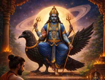 Shani Saade Saati Puja ritual with Lord Shani seated on crow, Saturn in background, priest performing havan and oil offering
