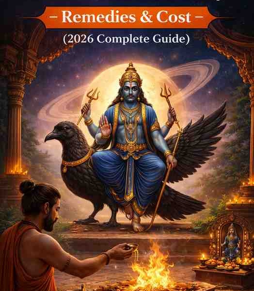 Shani Saade Saati Puja ritual with Lord Shani seated on crow, Saturn in background, priest performing havan and oil offering