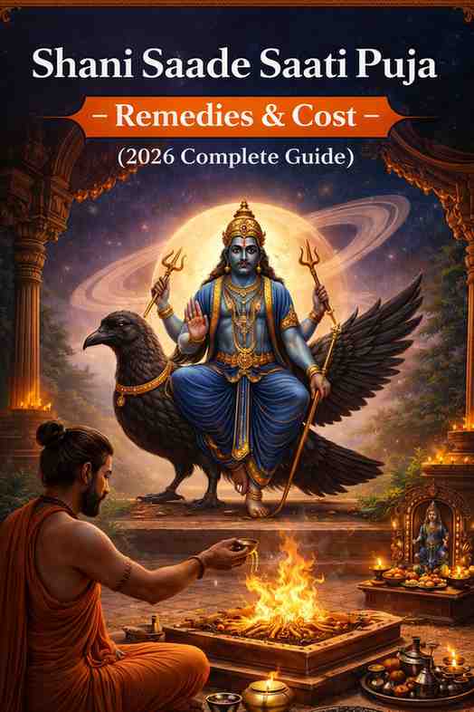 Shani Saade Saati Puja ritual with Lord Shani seated on crow, Saturn in background, priest performing havan and oil offering
