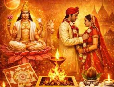 Shukra Shanti Puja ritual with Lord Shukra, wedding couple, sacred havan fire, Venus planet symbolism and white offerings for wealth and marriage harmony
