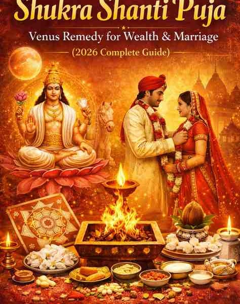 Shukra Shanti Puja ritual with Lord Shukra, wedding couple, sacred havan fire, Venus planet symbolism and white offerings for wealth and marriage harmony