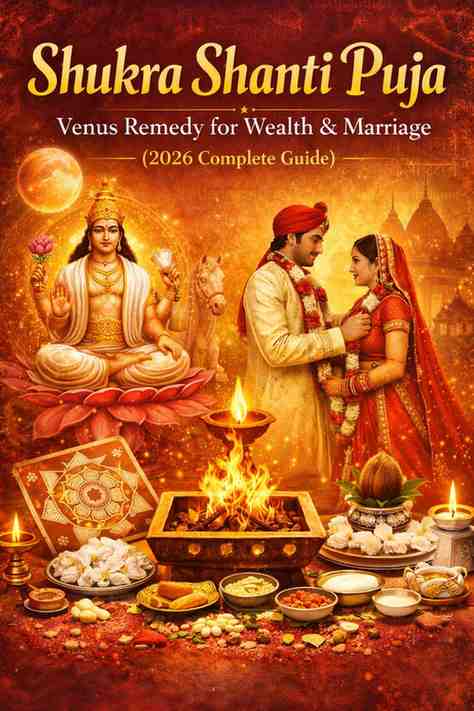 Shukra Shanti Puja ritual with Lord Shukra, wedding couple, sacred havan fire, Venus planet symbolism and white offerings for wealth and marriage harmony