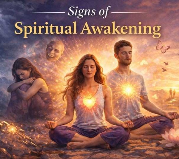 Signs of spiritual awakening shown through emotional healing, meditation, and the transition from inner struggle to awareness and peace