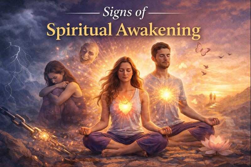 Signs of spiritual awakening shown through emotional healing, meditation, and the transition from inner struggle to awareness and peace