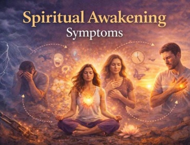 Spiritual awakening symptoms illustrated through emotional release, inner awareness, meditation, and the transition from confusion to clarity
