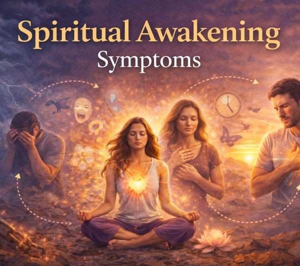 Spiritual awakening symptoms illustrated through emotional release, inner awareness, meditation, and the transition from confusion to clarity